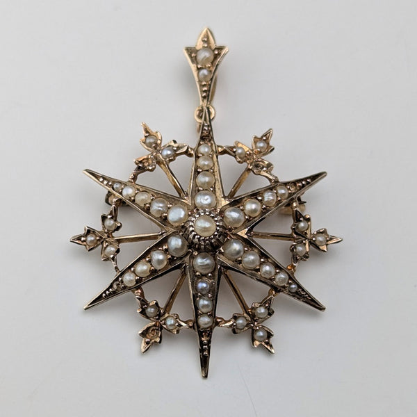 1909 British antique 9ct gold and pearl pendant brooch